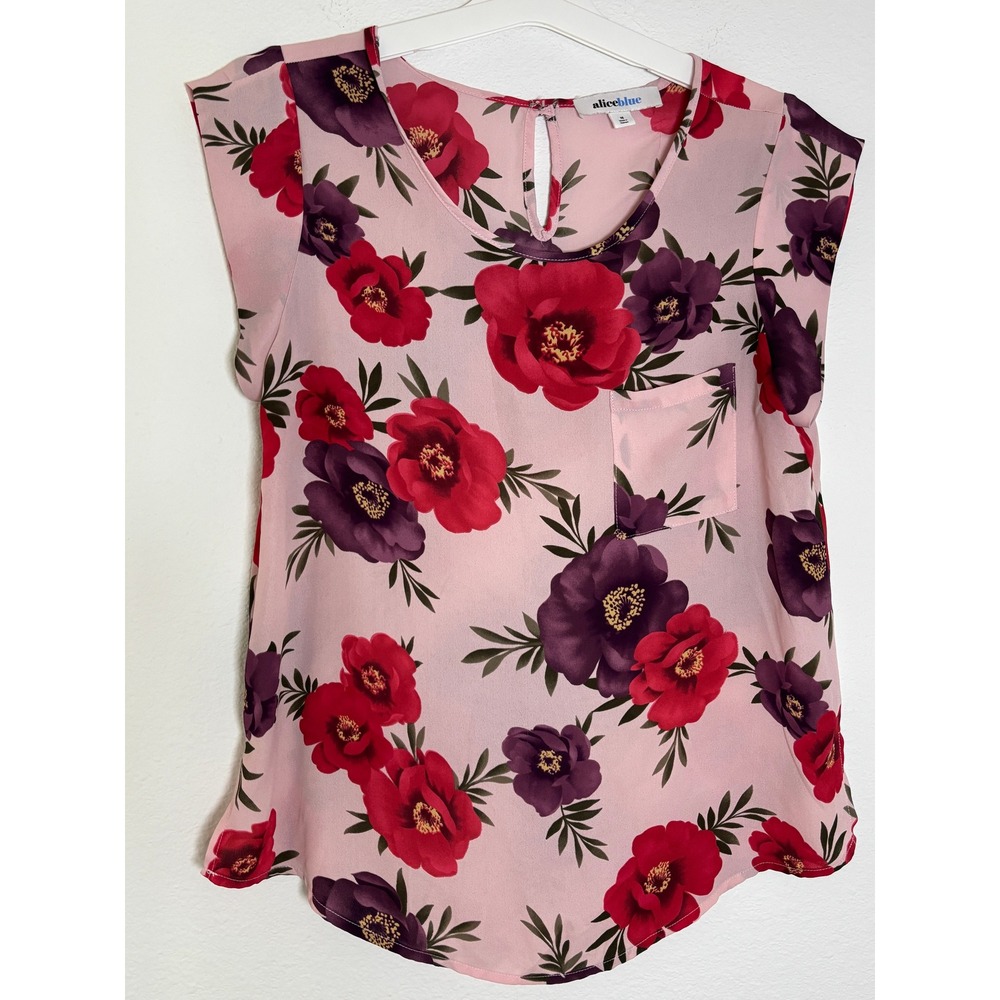Alice Blue‎ Womens Pink Floral Cap Sleeve Blouse Top Medium Red Purple Pocket